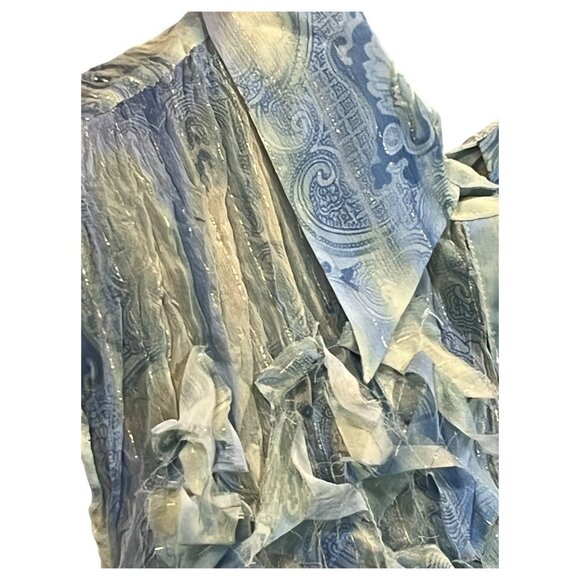 90's U Dress By Sharon Sleeveless Blue Yel Metallic Thread Ruffled Top New Large - Picture 6 of 8